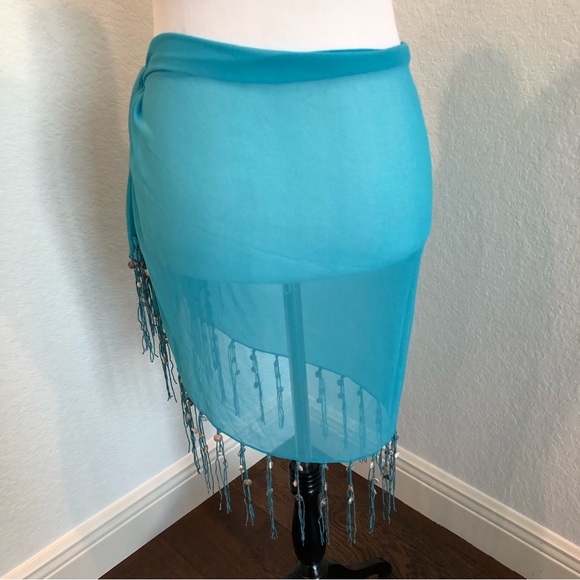 Sheer Aqua Bathing Suit Cover / Sarong with Shell Fringe - Picture 3 of 4